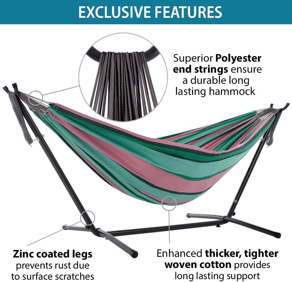 Vivere Double Cotton Hammock with Steel Stand, 450 lb Capacity, Tropical Colors, Includes Premium Carry Bag