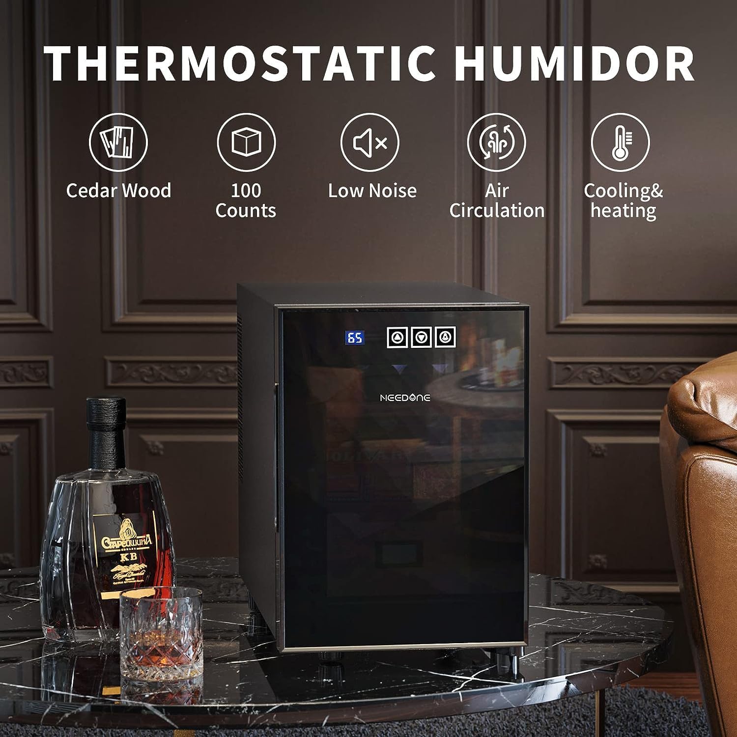 ThermoCigar 48L Cigar Humidor with Heating & Cooling, Cedar Wood, Digital Hygrometer, Quiet Electric Cooler for 350 Cigars