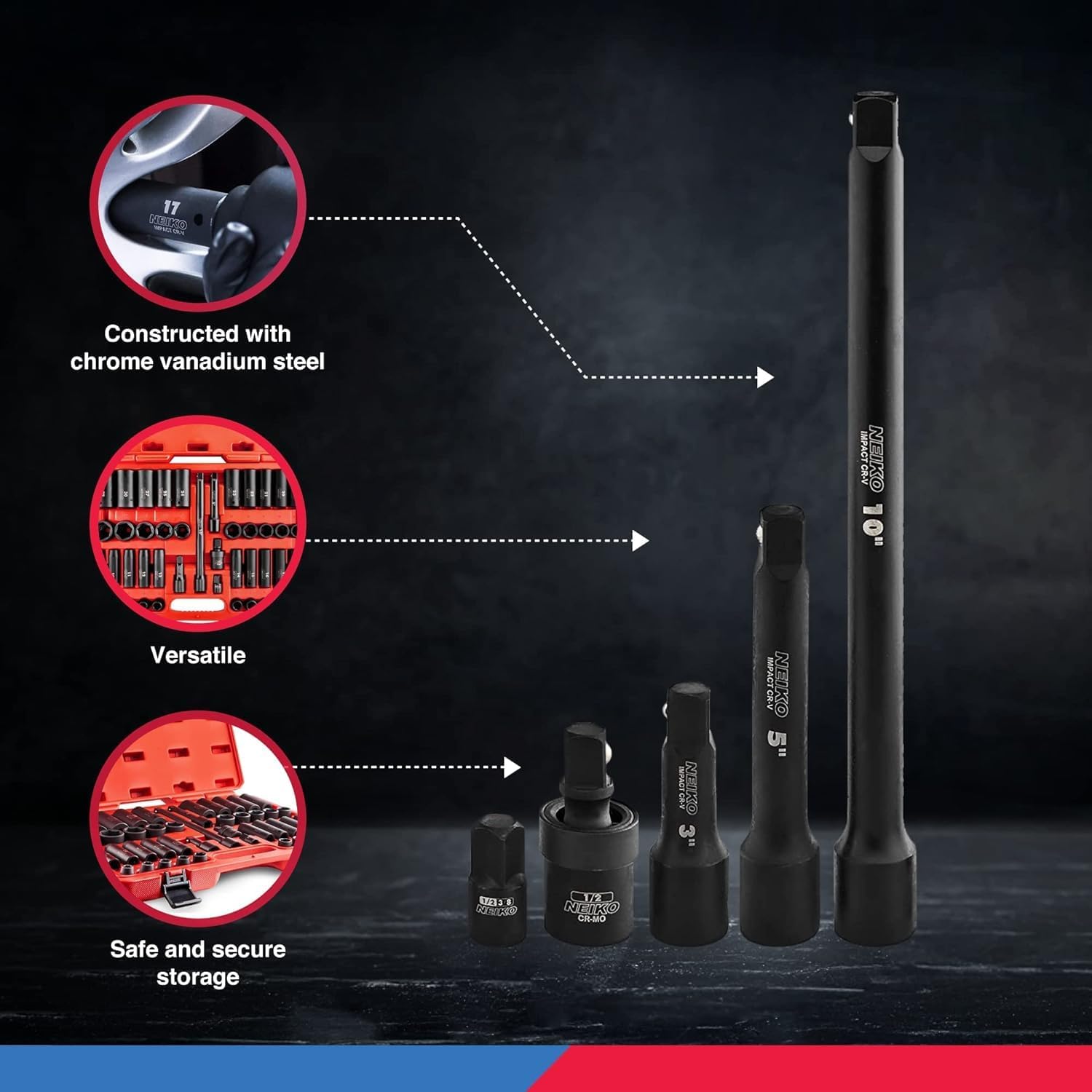 Chrome Vanadium Impact Socket Set 1/2    Drive, 65-Piece, SAE & Metric, Deep & Shallow, Includes Adapters & Ratchet Handle