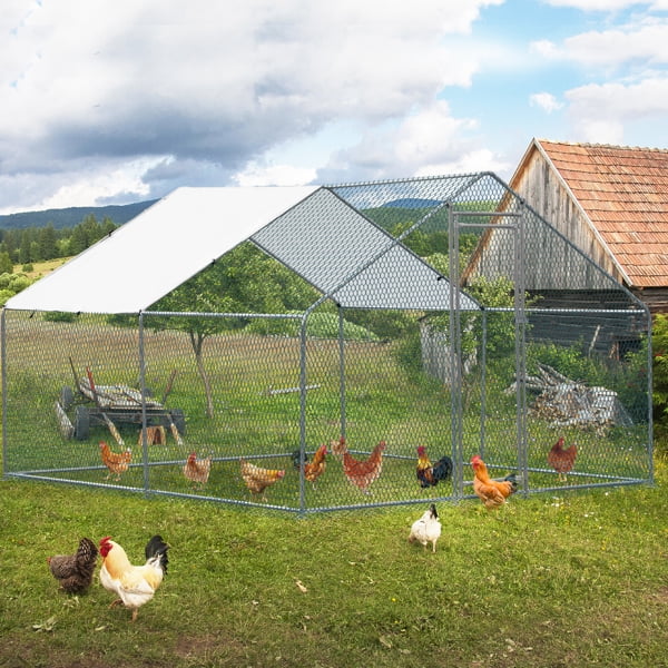 Al Fresco Large Metal Chicken Coop, Walkin Poultry Cage for Yard with Waterproof Cover, Peaked Roof for Hen House, Duck and Rabbit, Silver, 10 x 10 ft