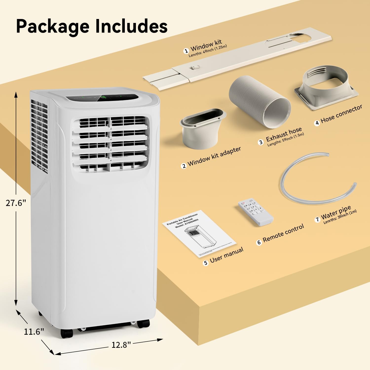 Portable Air Conditioner Cools up to 300 Sq.ft, 4-IN-1 Portable AC Unit with Cooling, Dehumidifier, Fan, 24H Timer (Window Venting Kit Included)