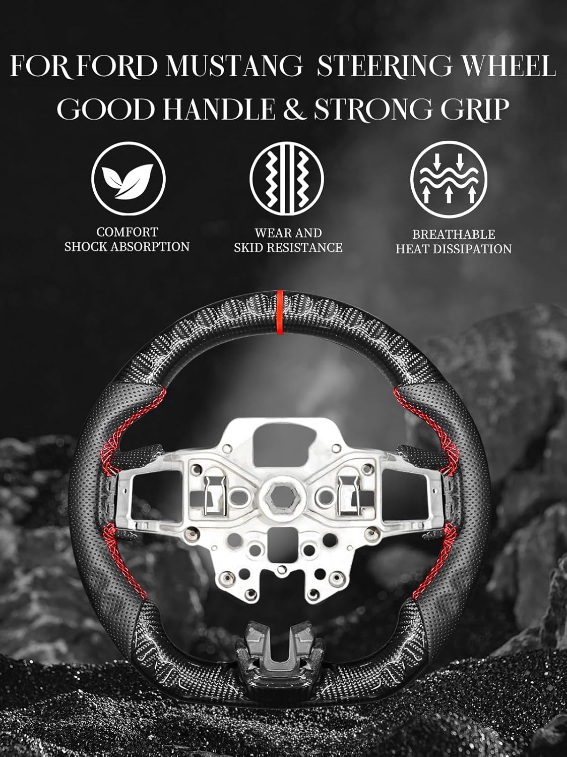 Carbon Fiber Steering Wheel for Ford Mustang 2018-2022 Nappa Perforated Leather with Hand Stitching D-shaped Steering Wheel for Mustang EcoBoost/GT for Shelby GT350/GT350R