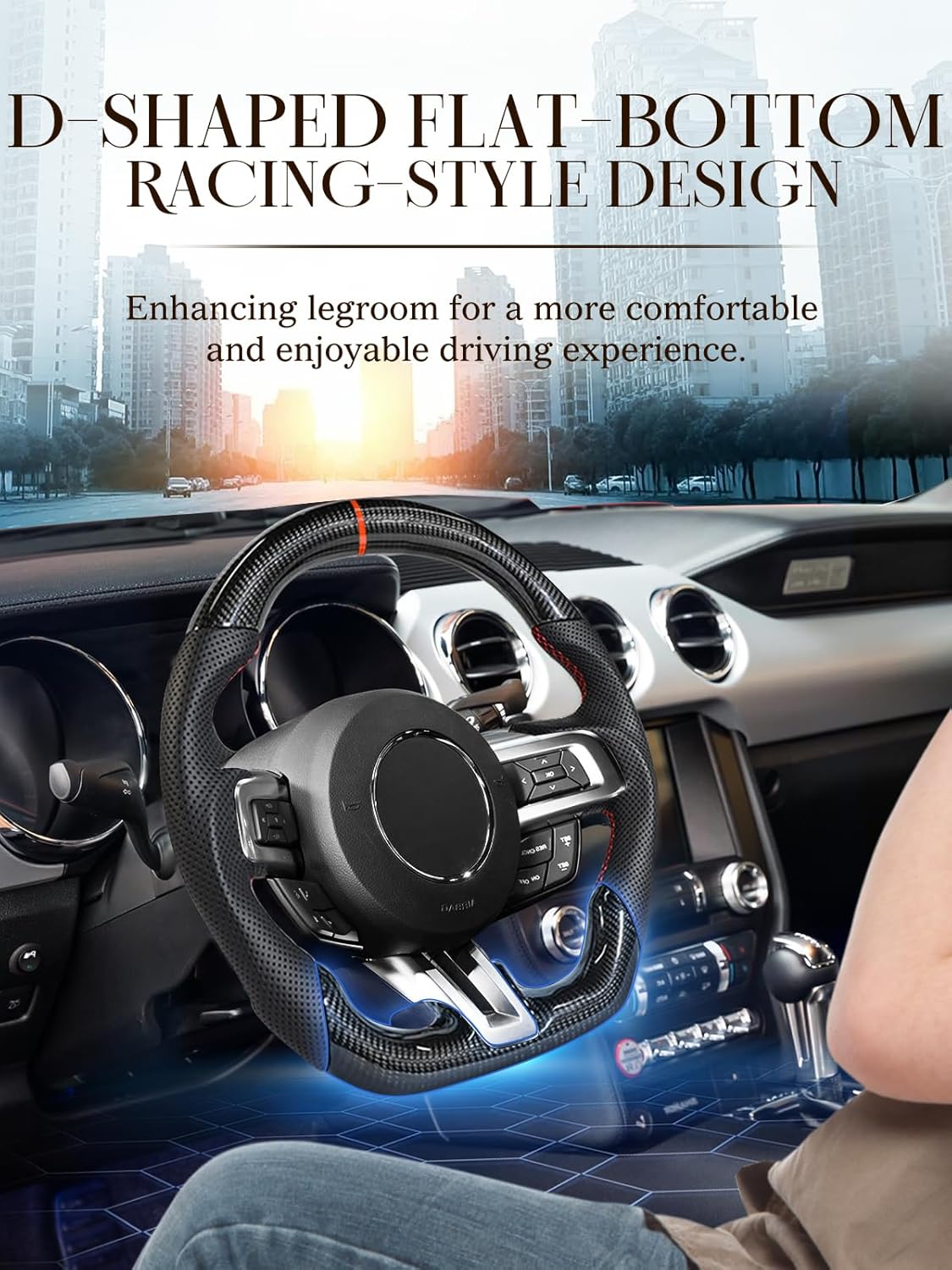 Carbon Fiber Steering Wheel for Ford Mustang 2018-2022 Nappa Perforated Leather with Hand Stitching D-shaped Steering Wheel for Mustang EcoBoost/GT for Shelby GT350/GT350R