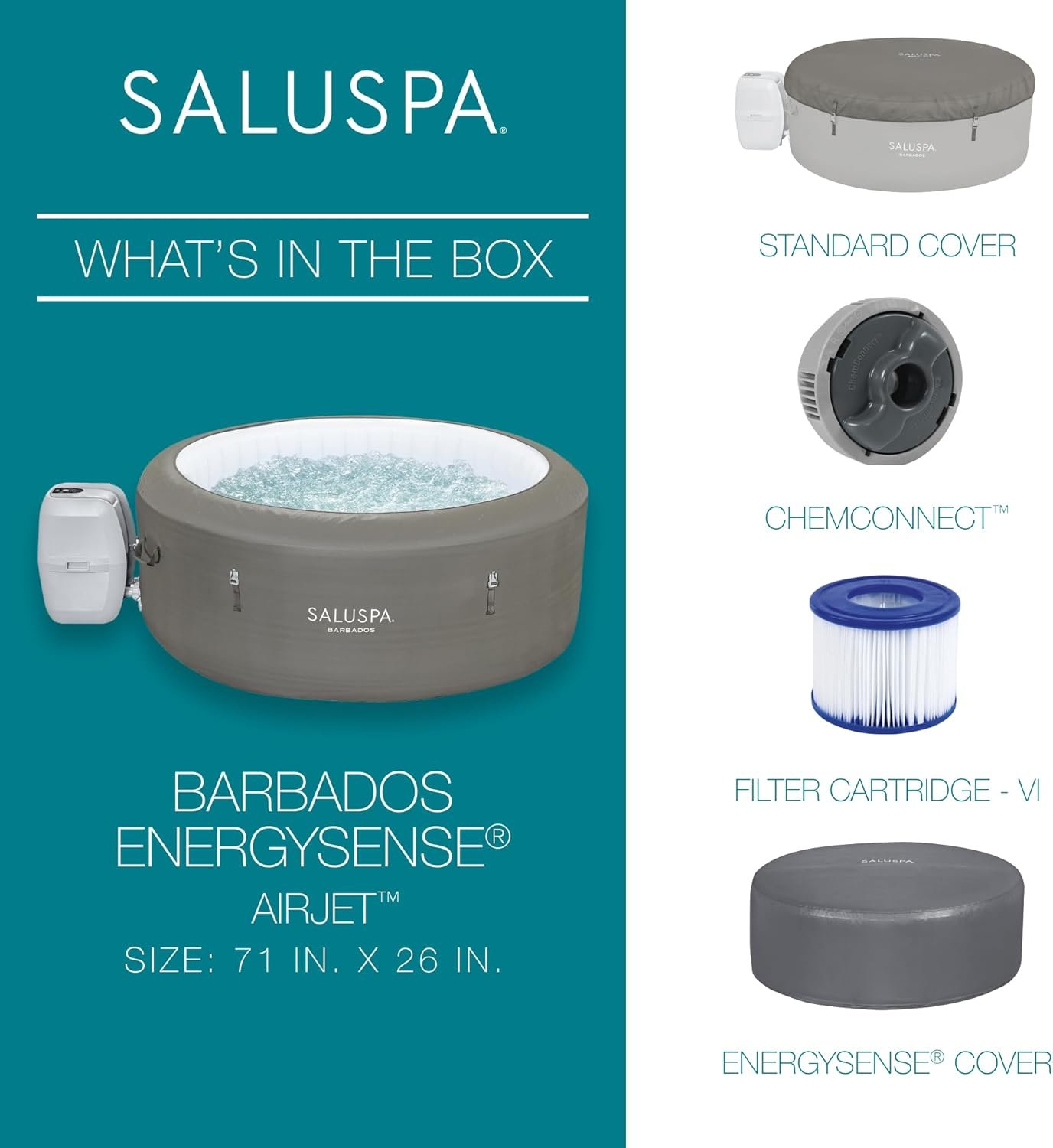 Bestway SaluSpa Miami EnergySense AirJet Inflatable Hot Tub Spa (71��� x 26���) | Portable Hot Tub with 2 Covers (1 Energy-Efficient Thermal Cover and 1 Standard Cover) | Fits Up to 2-4 Persons | Black