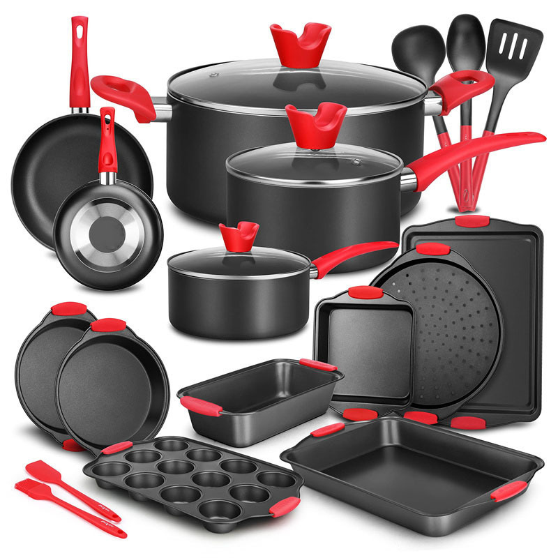 21-Piece Non-Stick Cookware Set with Red Silicone Handles  C Oven Safe, Includes Saucepans, Dutch Oven, Frypans, and Baking Pans