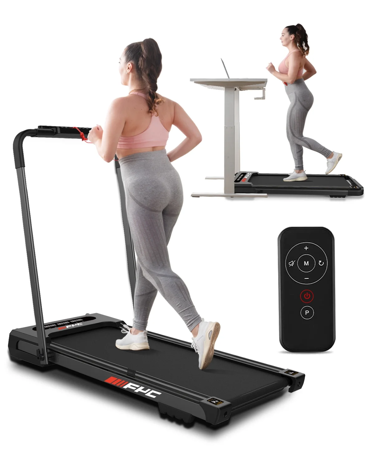 FYC 3.5HP Under Desk Treadmill - 300LBS Weight Capacity, 2-in-1 Foldable Design, Remote Control & LED Display - Compact Electric Walking and Running Machine for Walking, Running, Jogging (Black)