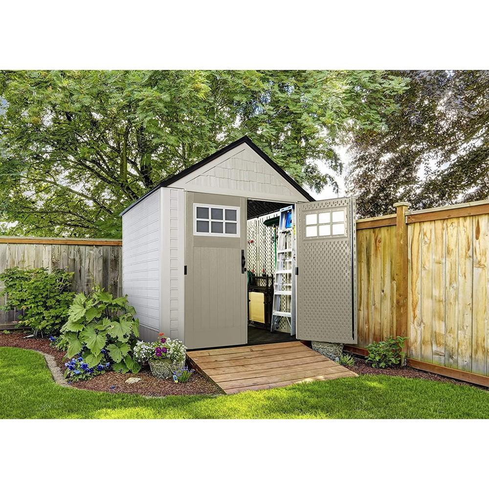 g Rubbermaid 7��7 Ft Durable Weather Resistant Resin Outdoor Garden Storage Shed with Windows and Utility Hooks, Sand