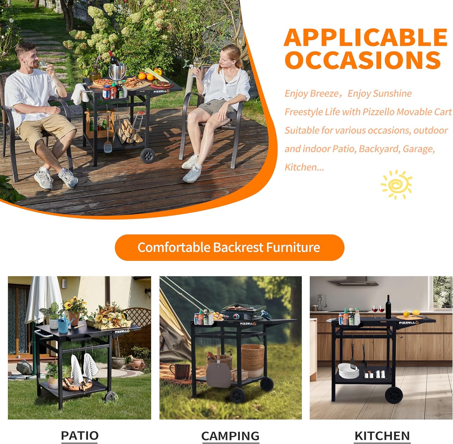 Movable Outdoor Grill Cart with Double-Shelf Trolley and Foldable Tabletop