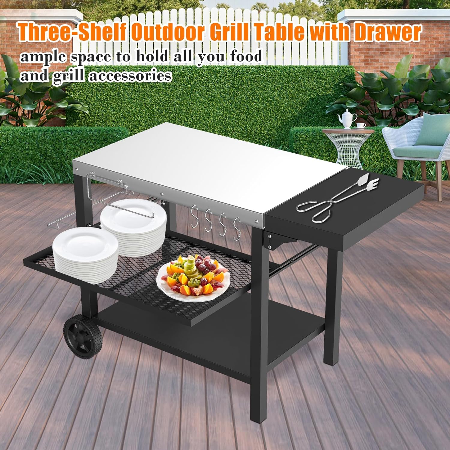 Outdoor Grill Cart with Three-Shelf Food Prep Table and Drawer