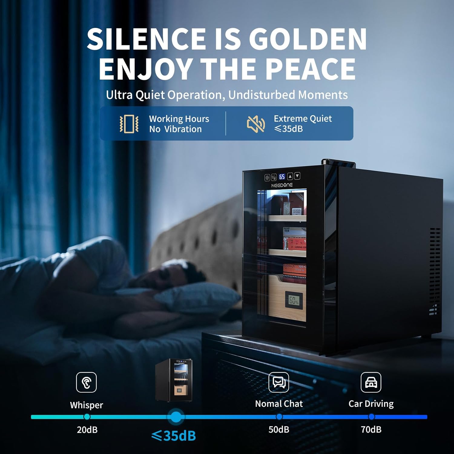 ThermoCigar 48L Cigar Humidor with Heating & Cooling, Cedar Wood, Digital Hygrometer, Quiet Electric Cooler for 350 Cigars