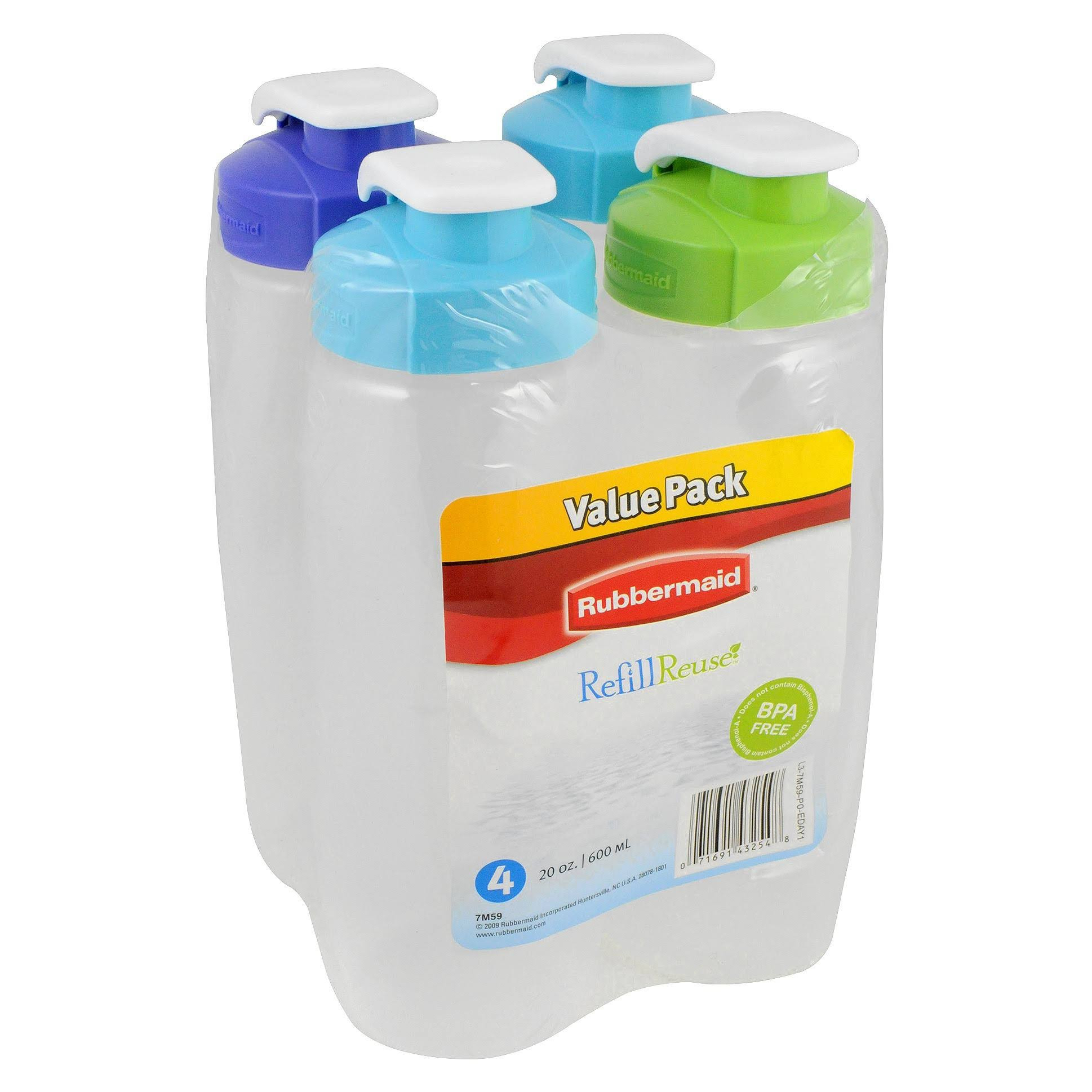 Rubbermaid Refill Reuse 20oz Chug Water Bottles 4-Pack, Leak-Proof, Easy-Grip, Blue/Green Lids