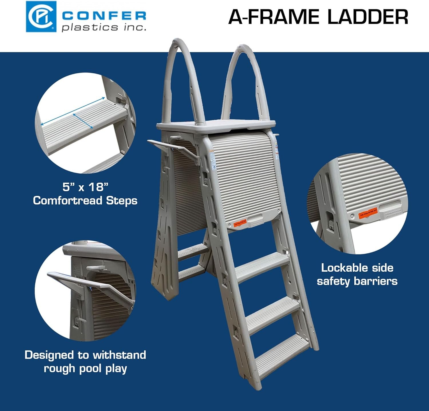 Confer Plastics 7200 Roll Guard 48��� to 56��� Adjustable A Frame Safety Ladder for Above Ground Outdoor Patio Swimming Pool Platform Ladder with Step Barrier, Warm Grey...