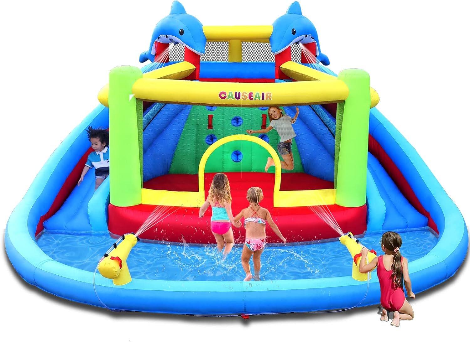 Inflatable Bounce House with Double Slide,Dolphin Styling,Splashing Pool,Double Water Cannon,Climbing Wall,Heavy Duty GFCI Blower,Inflatable Water Park Slide for Kids Backyard Summer