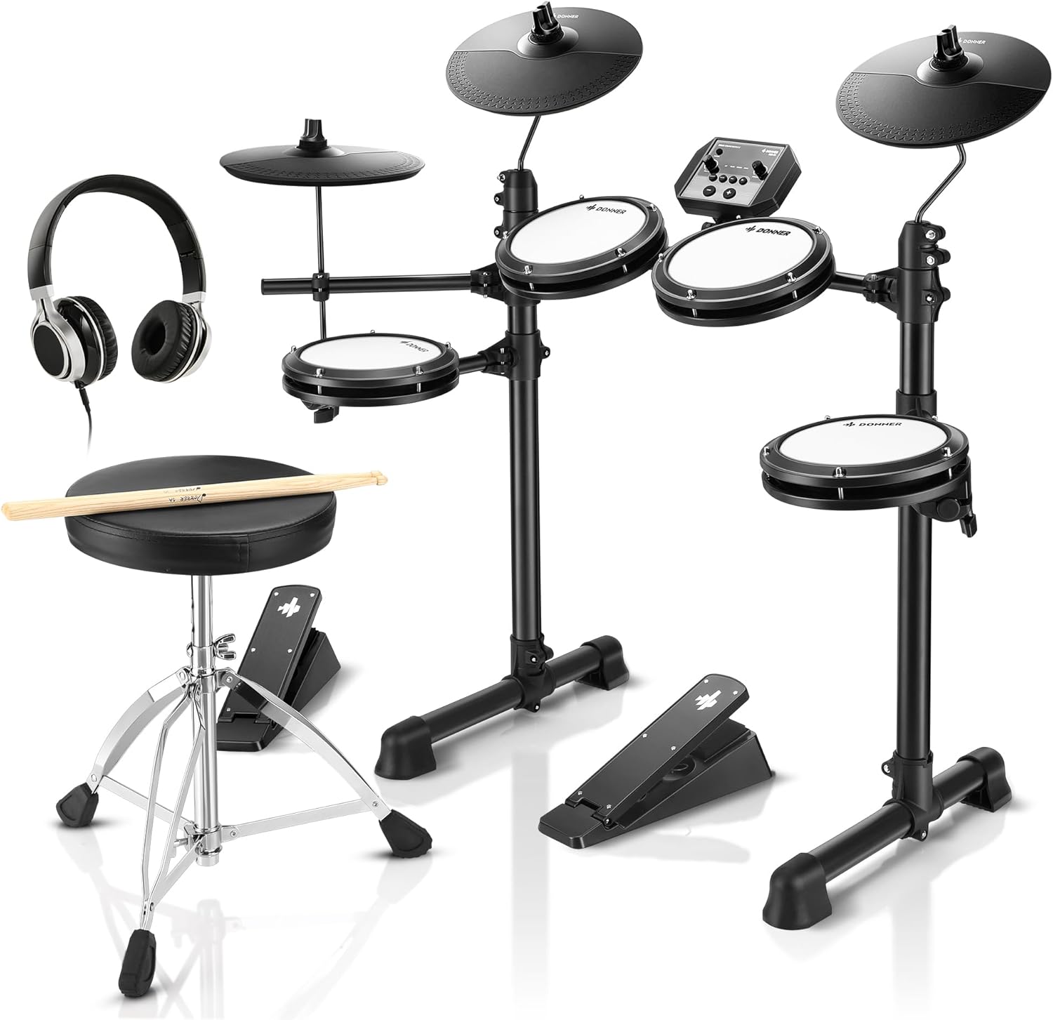 Electronic Drum Set with 4 Quiet Mesh Pads, 180+ Sounds, 2 Pedals, Throne, Headphones, Sticks, and Melodics Lessons