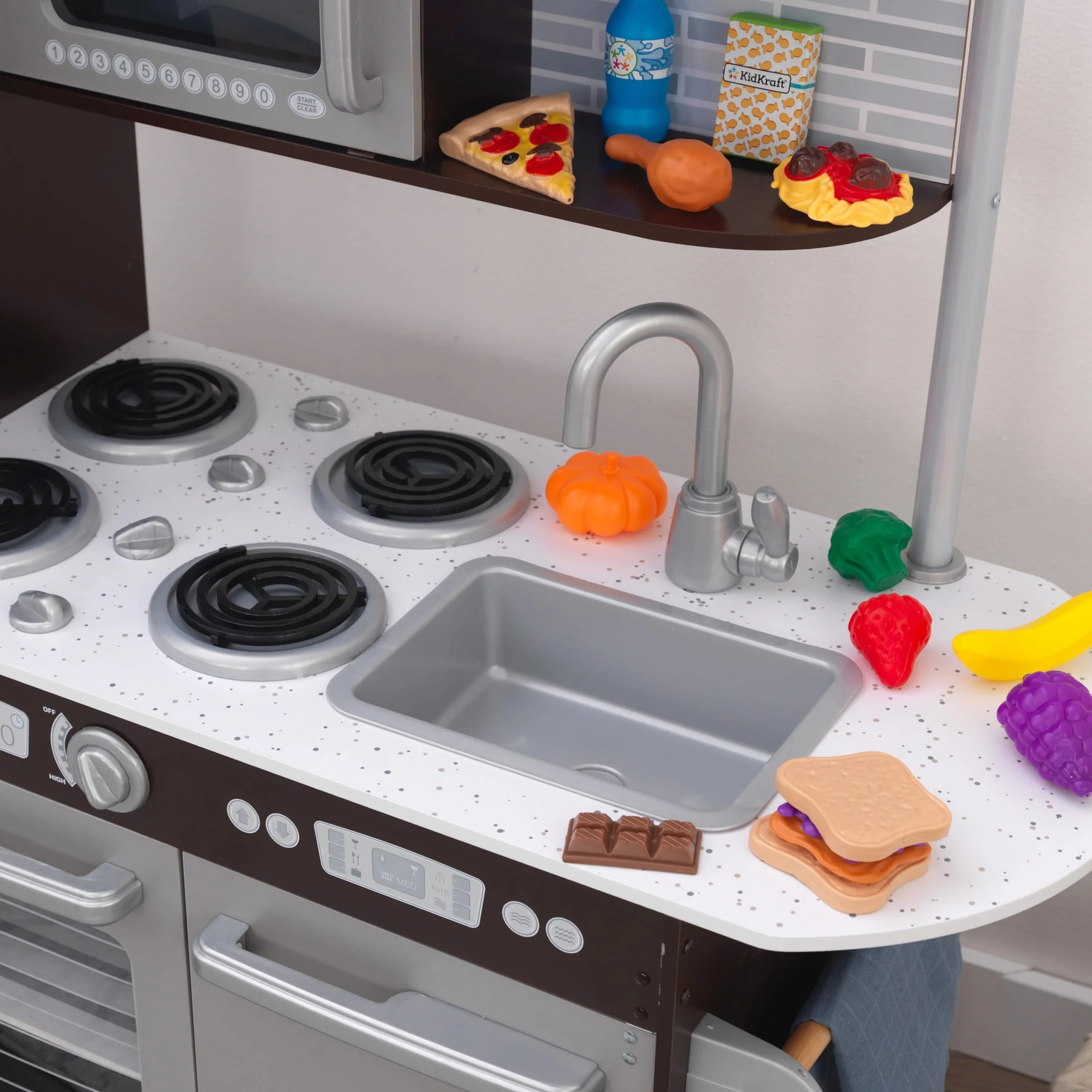 KidKraft Uptown Espresso Wooden Play Kitchen Set with 30-Piece Food Accessories, Chalkboard & Granite-Style Countertops