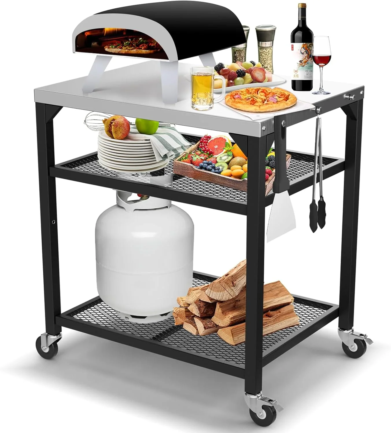 Pizza Oven Table Cart for Ooni Koda/Karu/Fyra 16 & 12 - Pizza Topping Station, Outdoor Grill Stand
