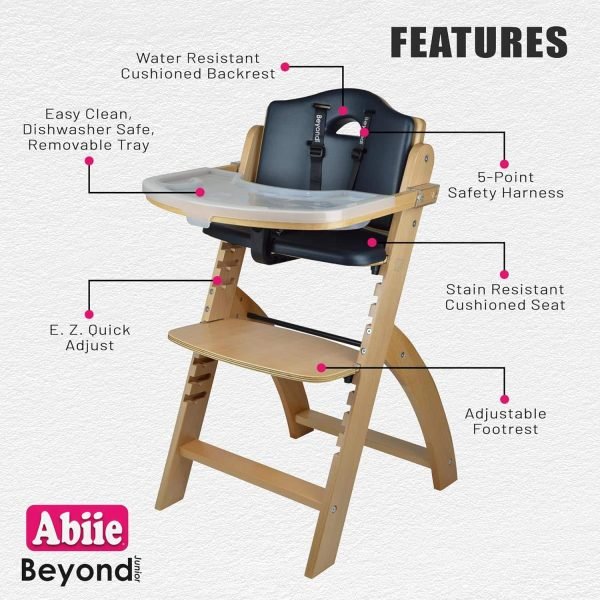 Abiie Beyond Junior Wooden High Chair with Tray. The Perfect Adjustable Baby Highchair Solution Natural Wood/Black Cushion