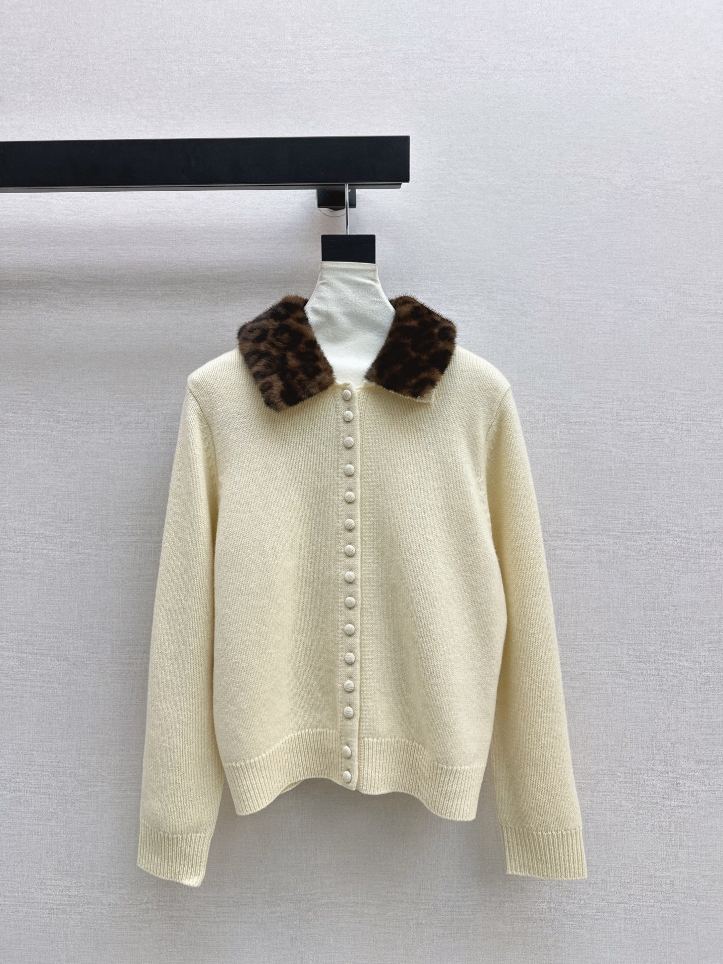 Leopard print collared wool cardigan