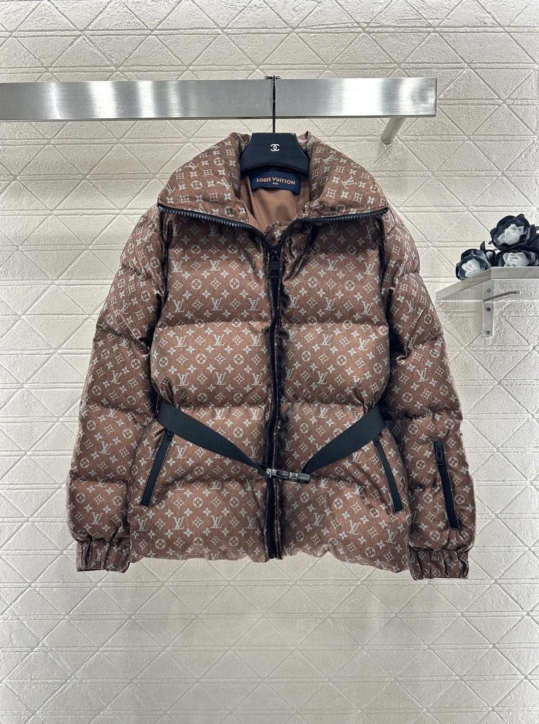 Jacquard Down Jacket with Lapel and Belt