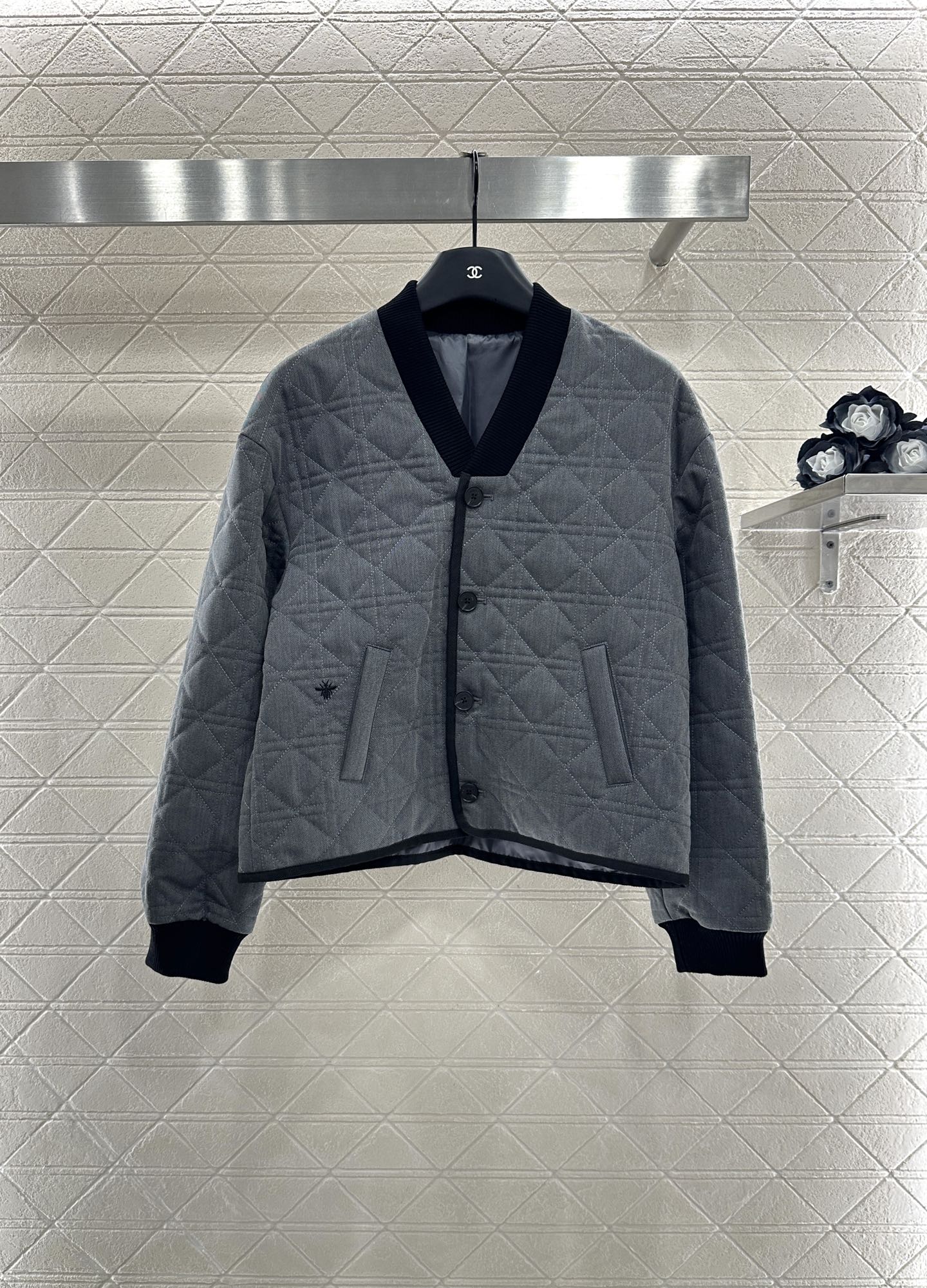 V-neck edging rattan plaid jacket cotton jacket