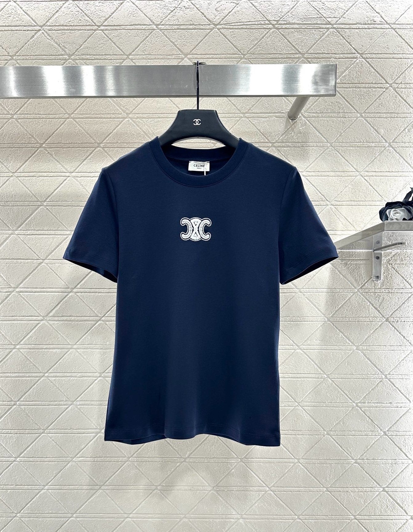 Round neck beaded lettering cotton short sleeves