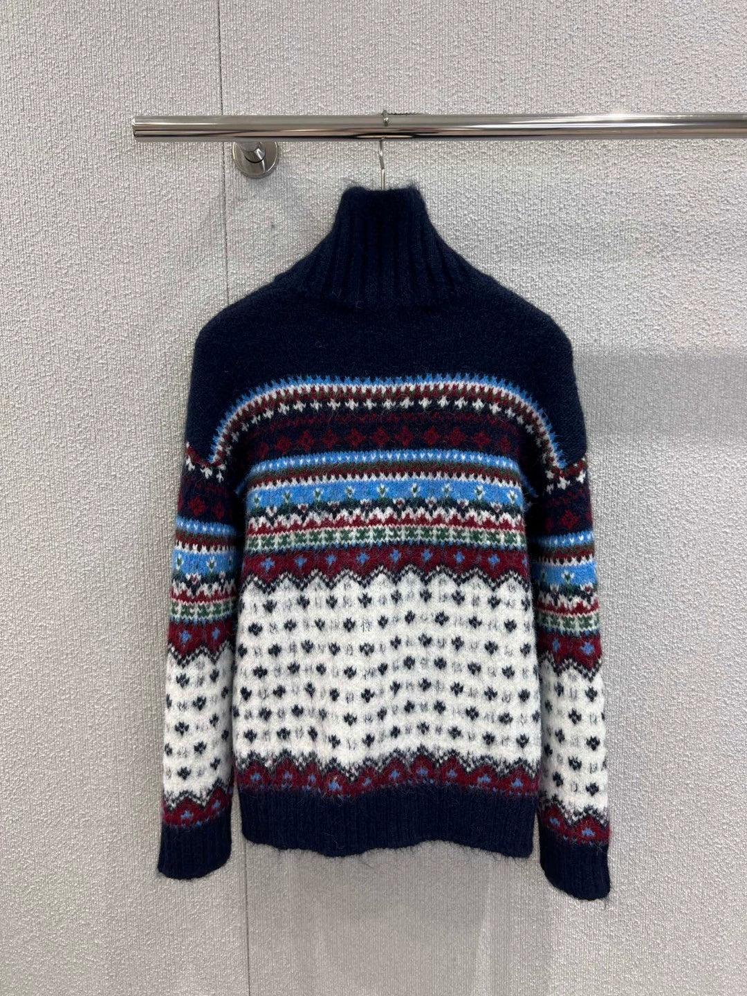 Ethnic style high necked knitted sweater