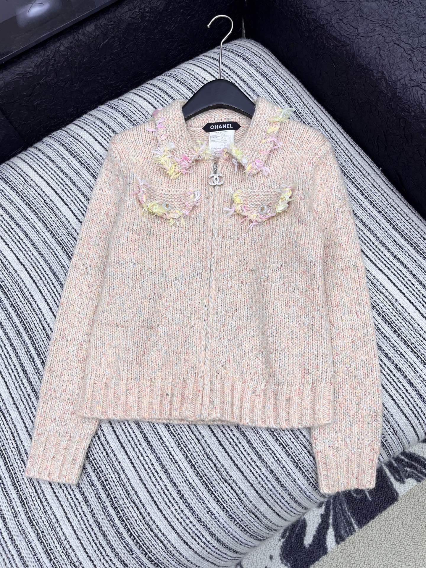 Vintage Zippered Lace-Trimmed Jacket (Brown/Yellow/Pink)