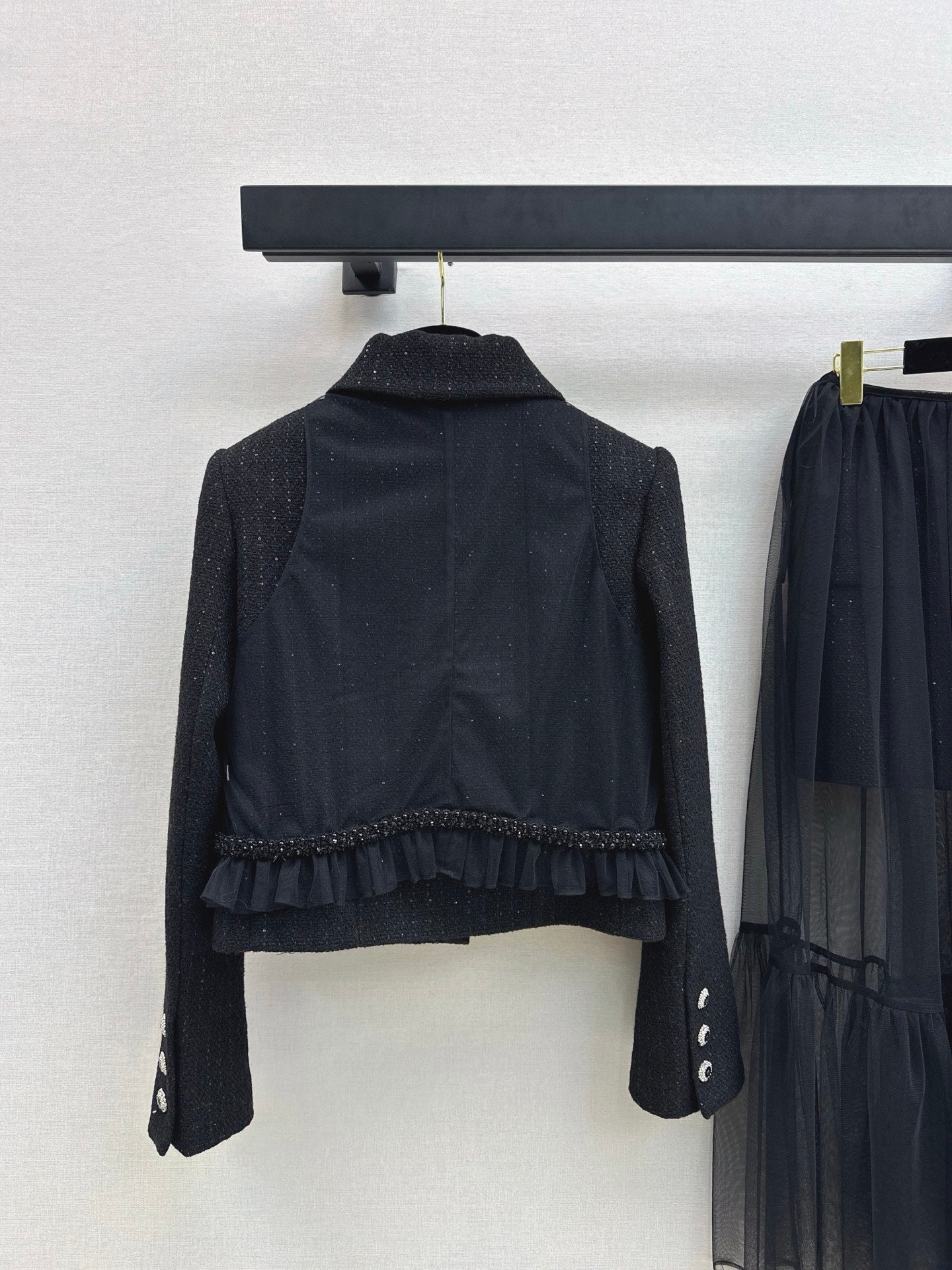 Knit lapel jacket + sleeveless mesh top two-piece set