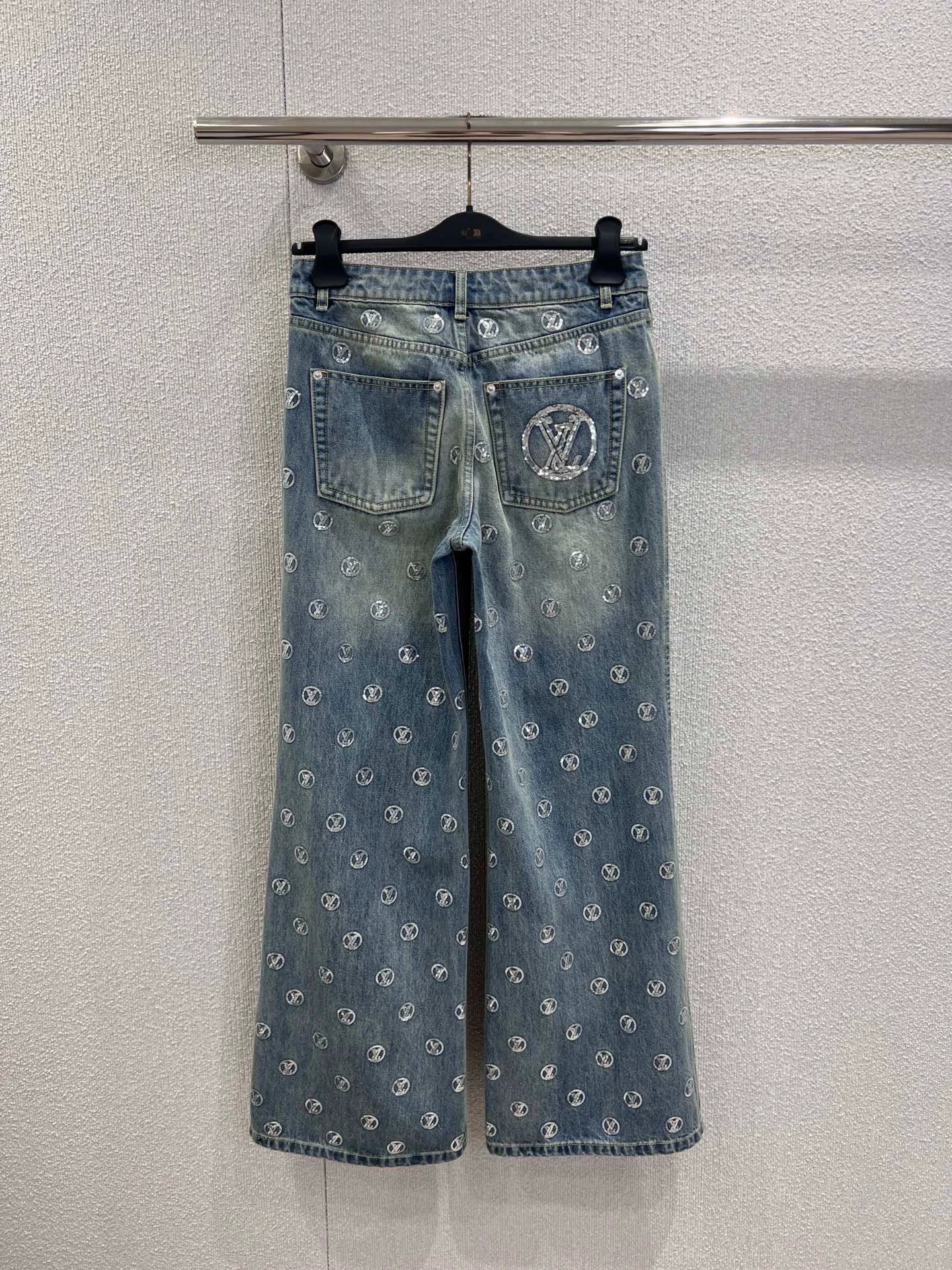 Monogram Sequin Wide-Leg Denim Pants