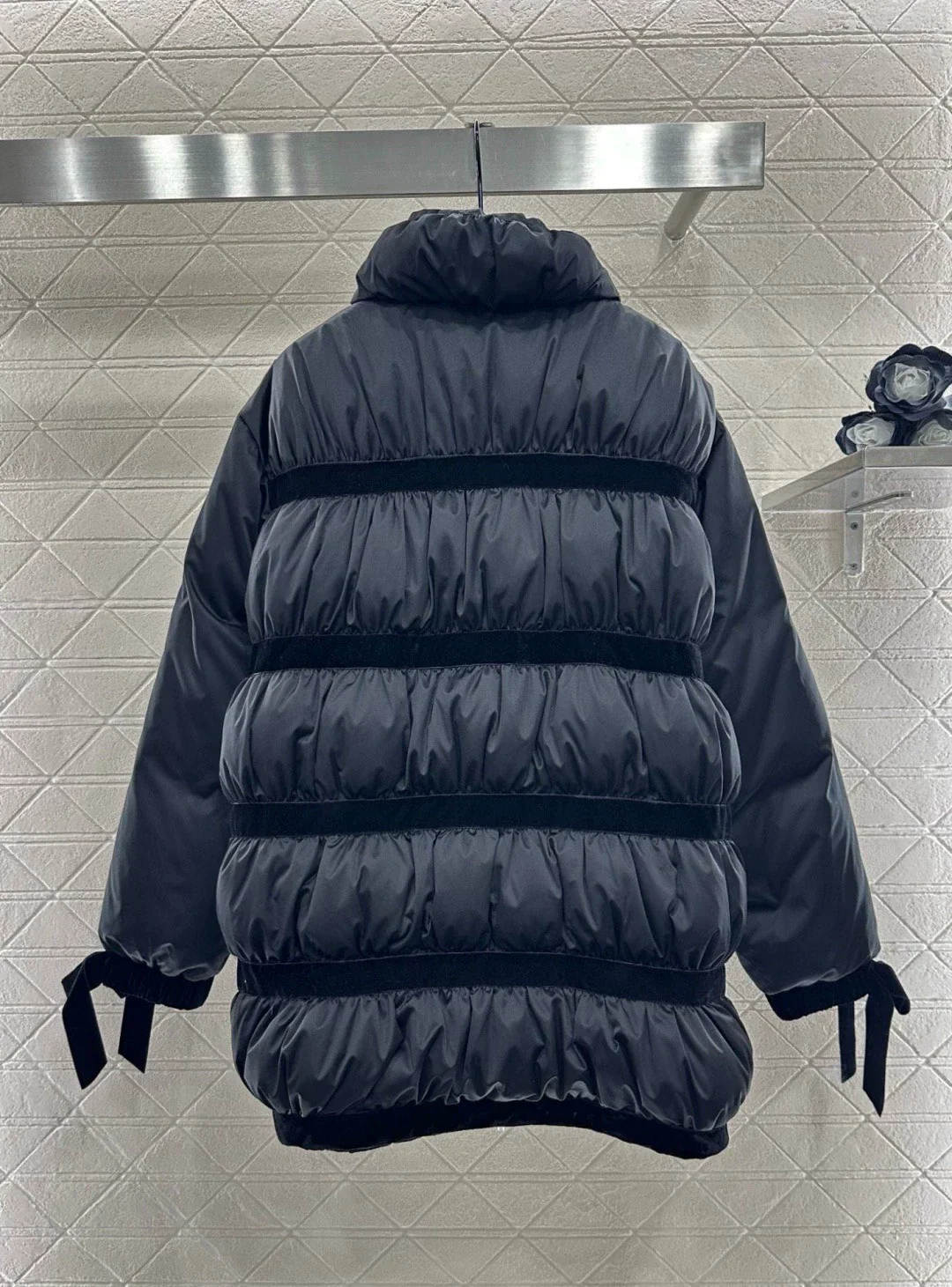 Velvet bow mid length down jacket
