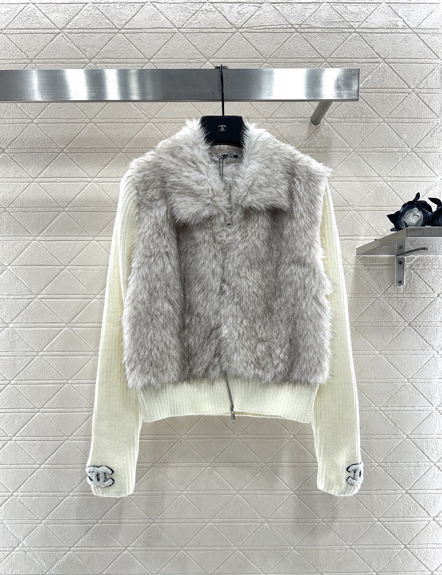 Knitted patchwork lapel fur jacket