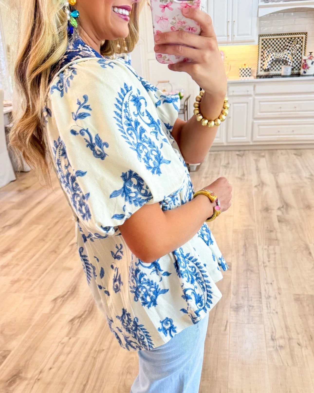 Blue Printed Boho Puff Sleeve Top