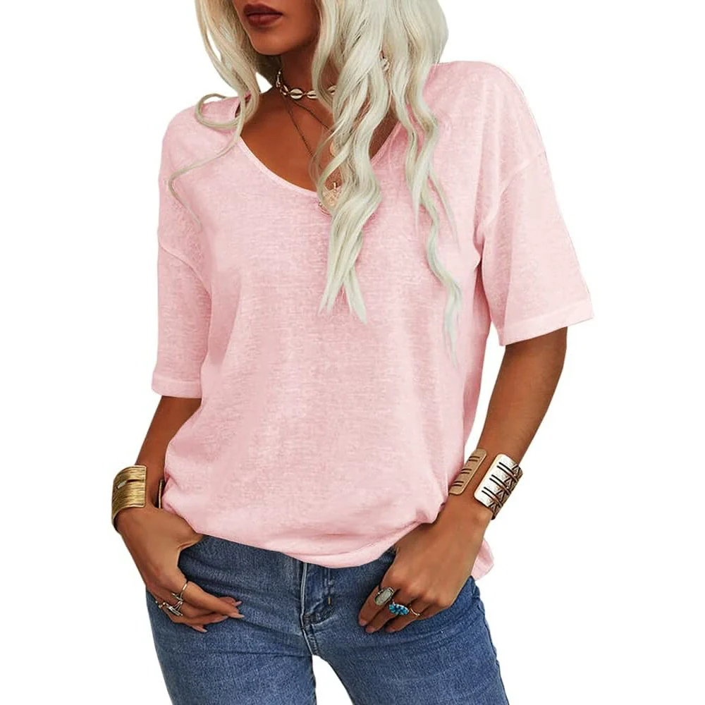 Ladies Solid Color Short Sleeve V-Neck T-Shirt Top