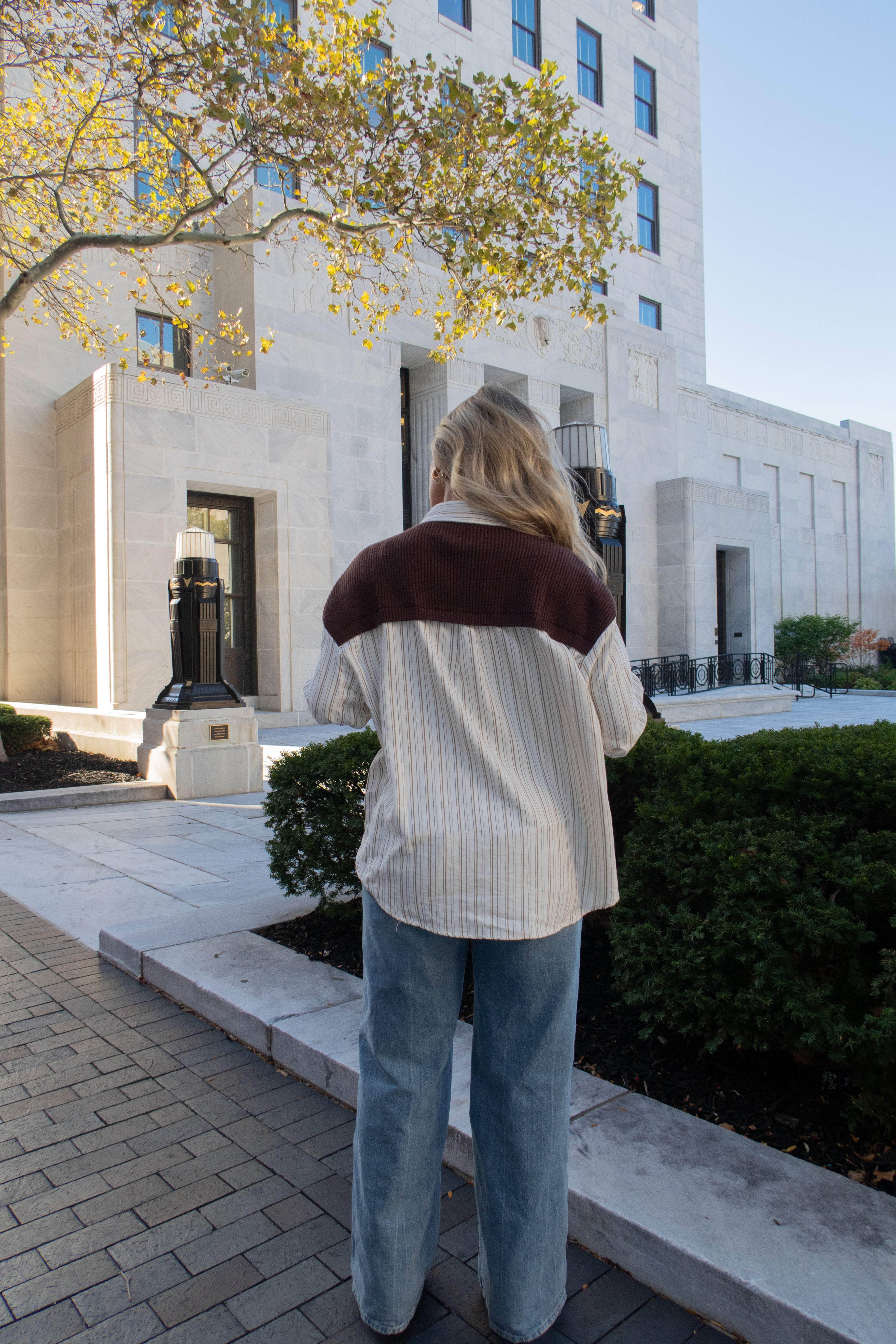 Cream Striped Button Up With Sweater