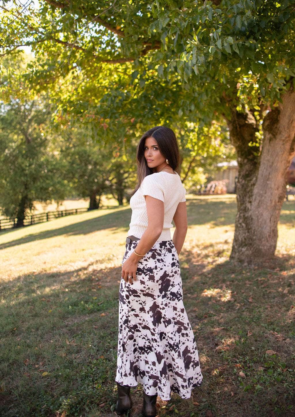 Cow Print Belted Maxi Skirt