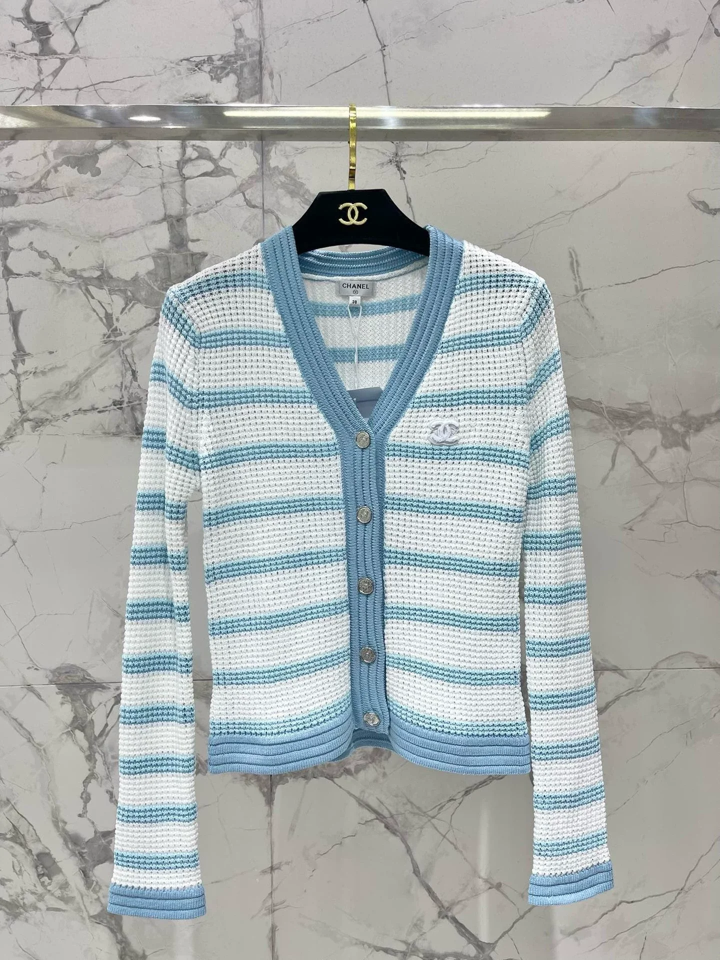 hollow color matching striped knitted cardigan