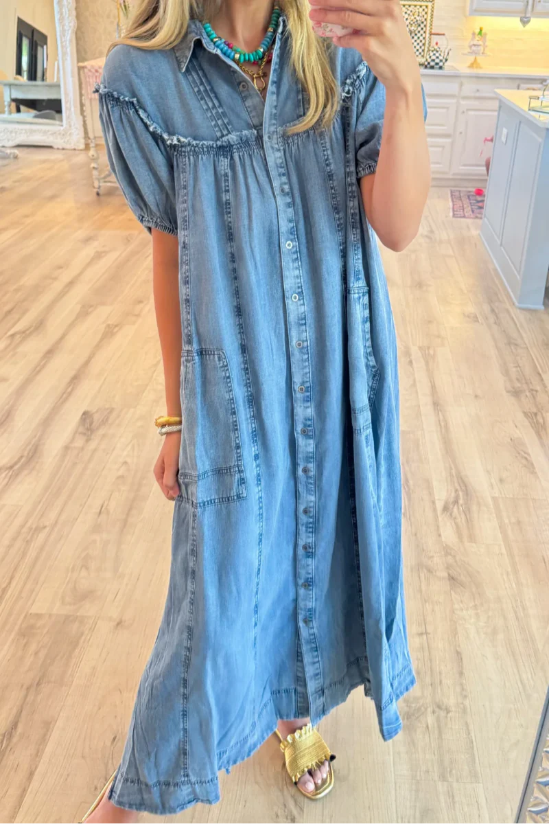 Denim Puff Sleeve Button Down Maxi Dress