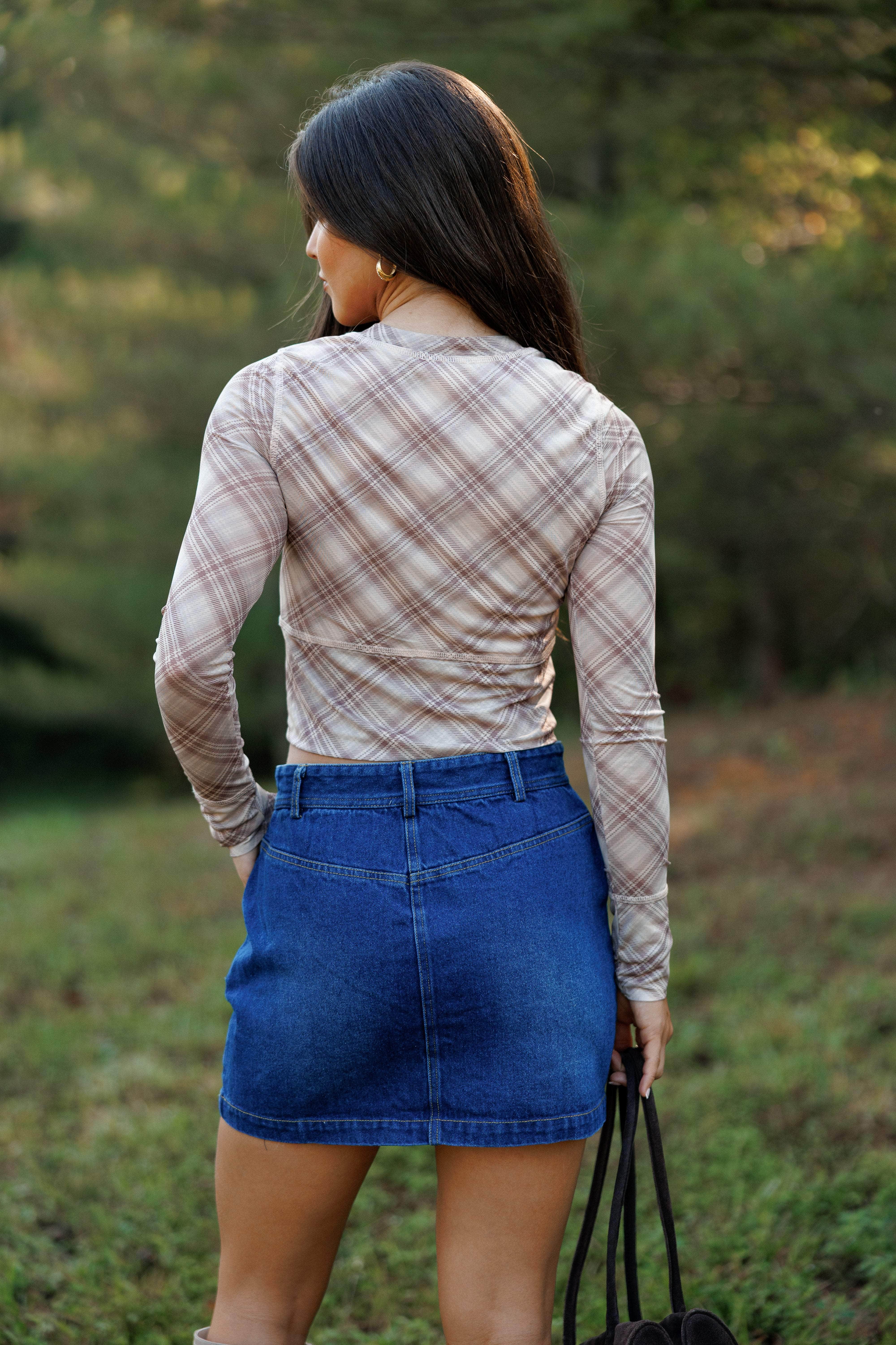 Plaid Mesh Button Top