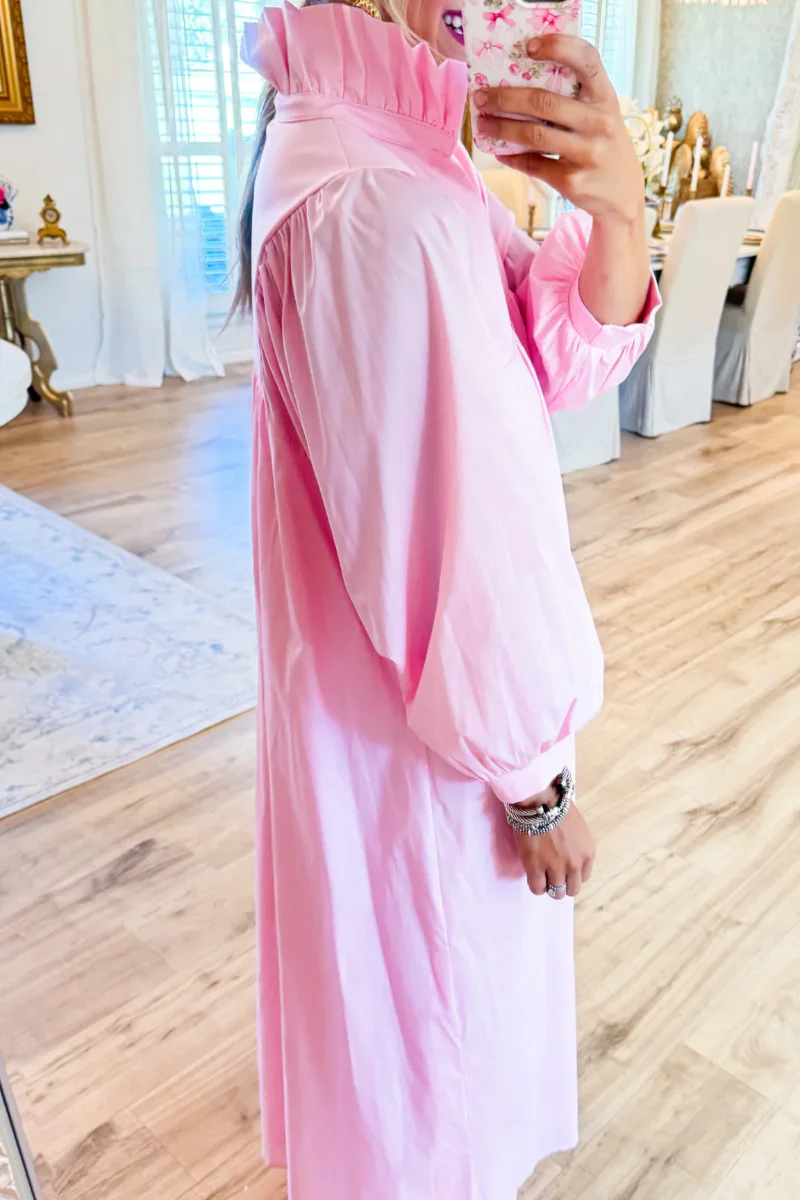 Pink High Ruffle Neck Midi Dress