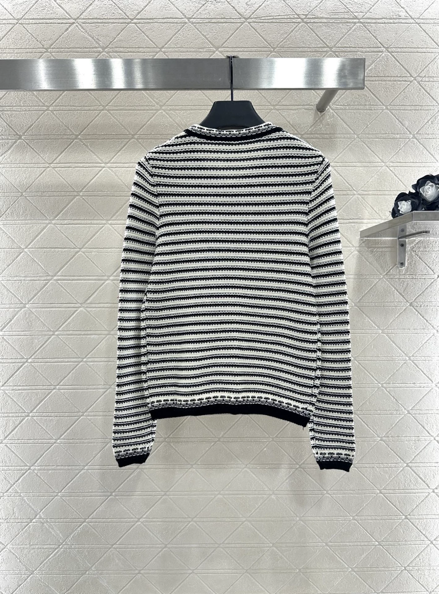 Striped contrasting knit round neck cardigan