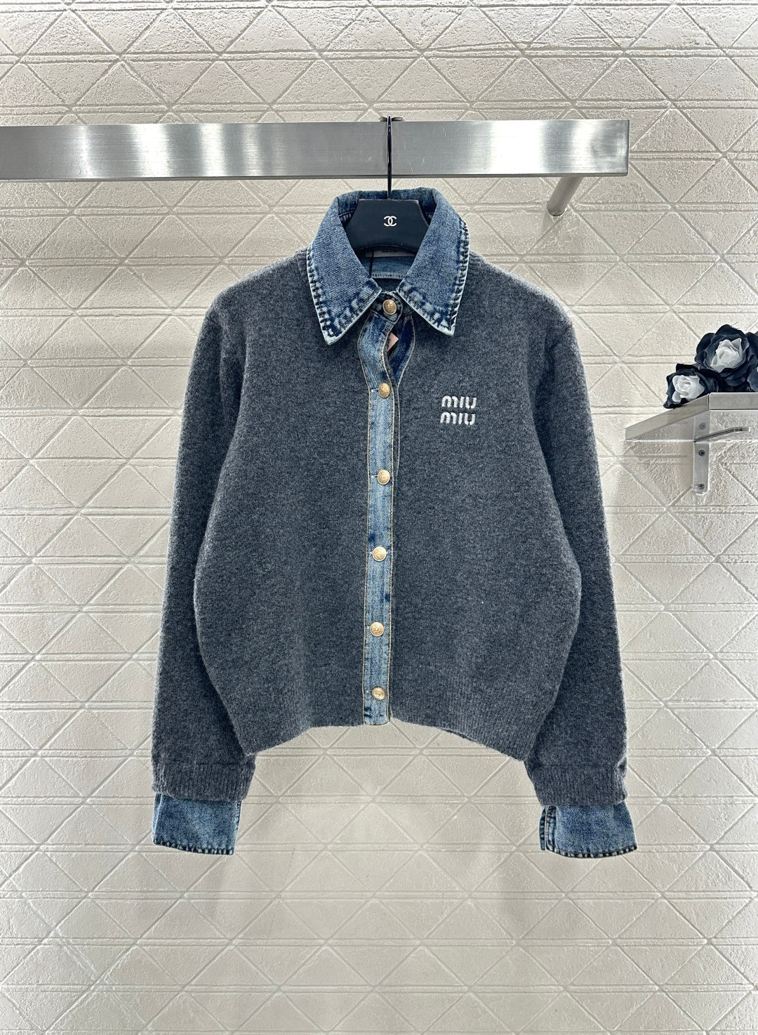 Denim Patchwork Collared Knit Cardigan