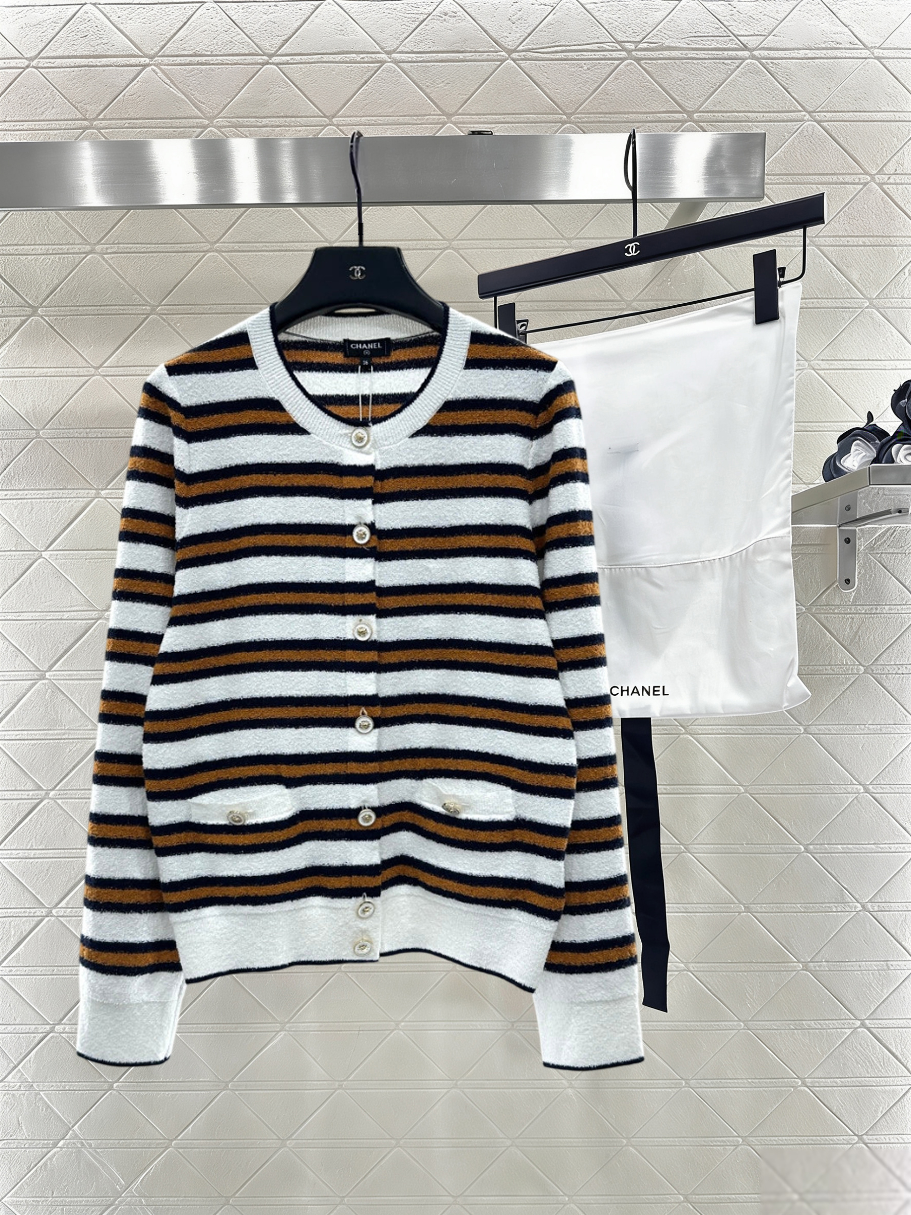 Crew Neck Striped Knit Cardigan