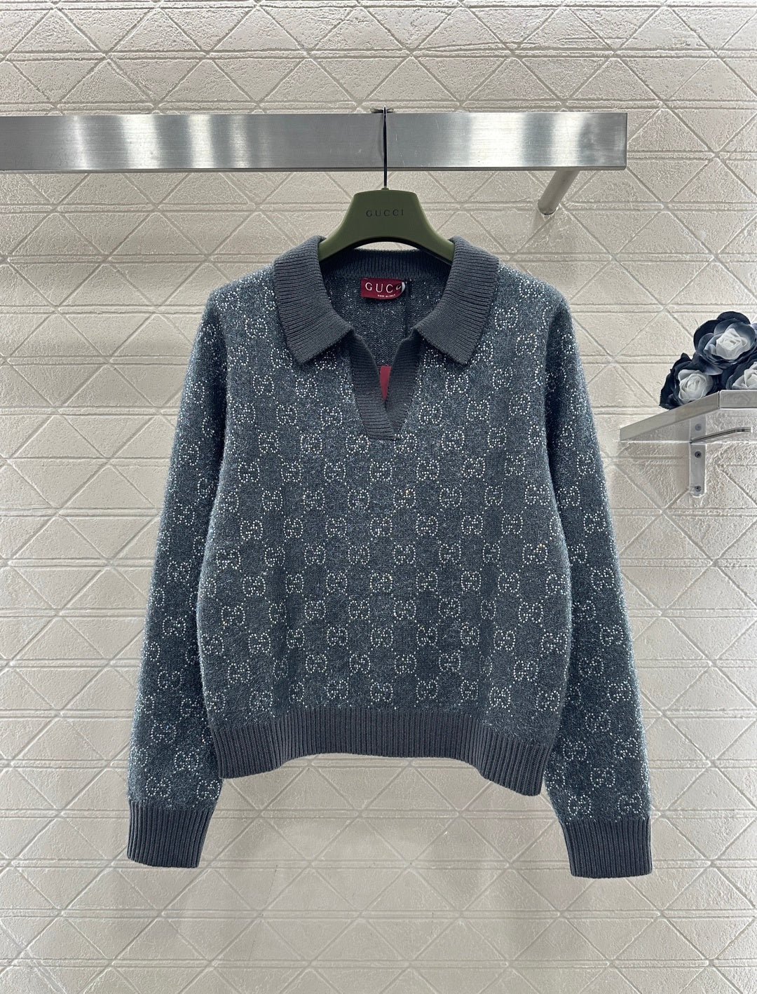 Rhinestone-stamped Collar Sweater