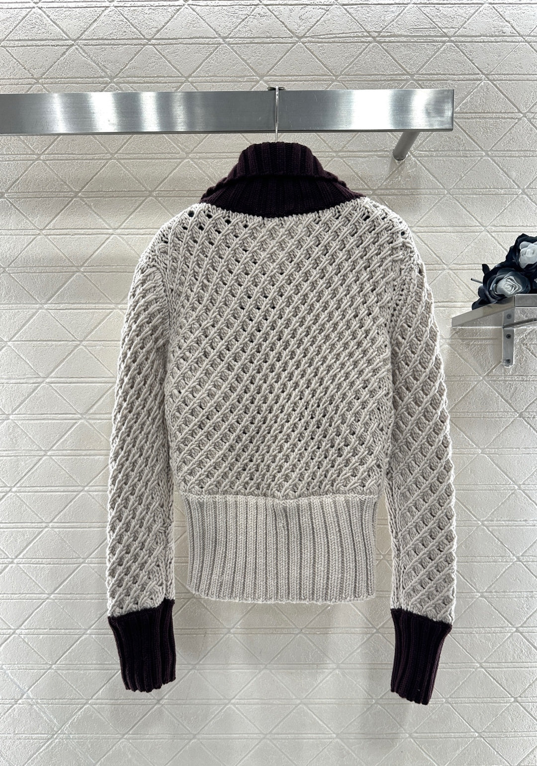 Openwork Collar Knit Zip-Up Cardigan