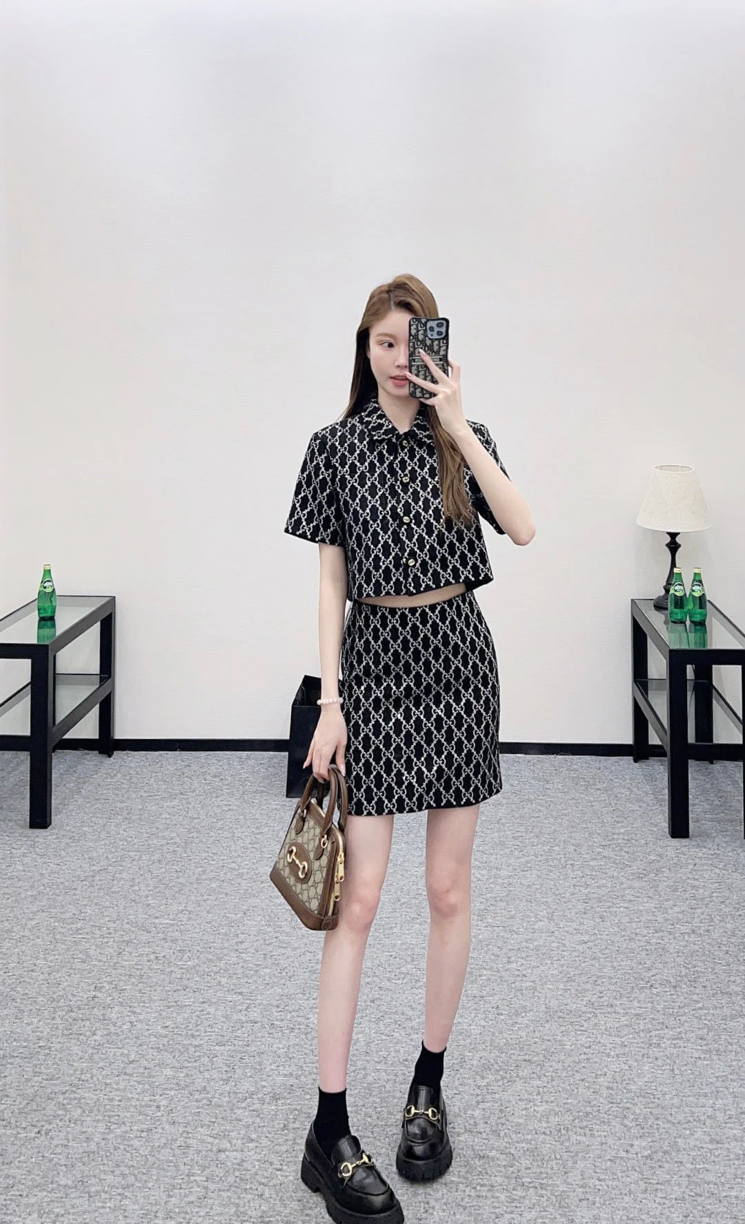 Short Lapel Jacket and Skirt Set with Rhinestone Embellishments