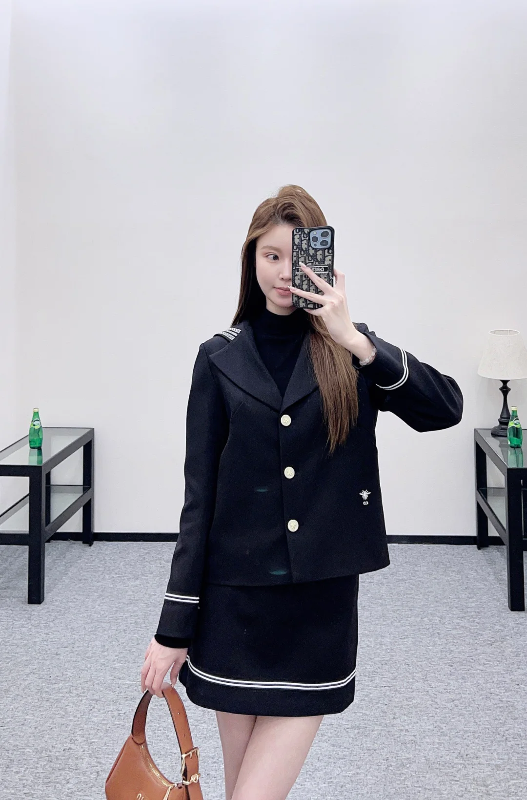 Navy Collar Jacket and Skirt Set