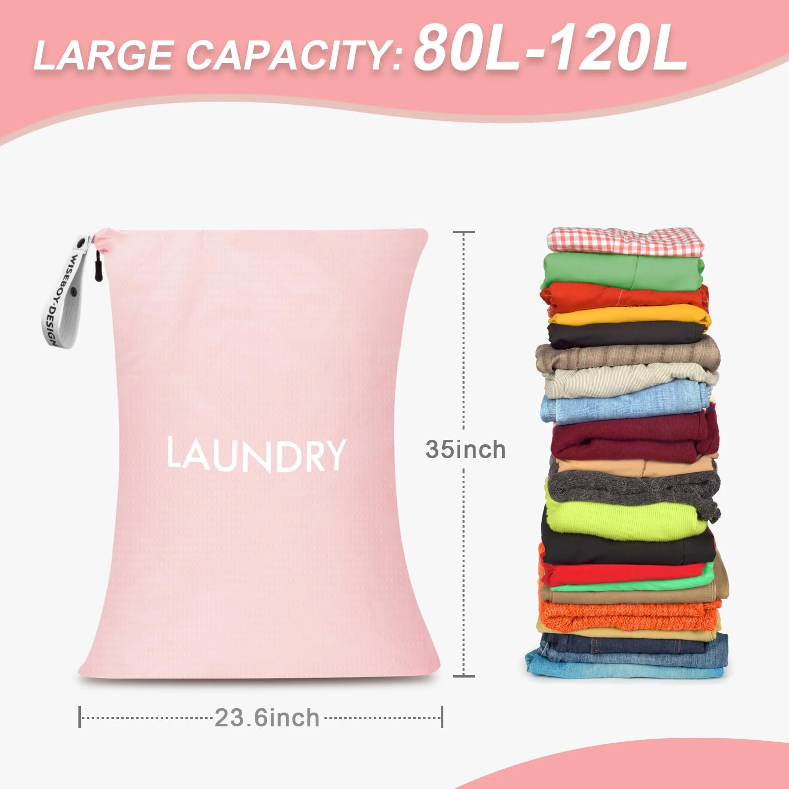 Extra Large Laundry Bag 23.6x35 Inches Heavy Duty Nylon Wet Dry Storage, Travel Dirty Clothes Organizer for Dorm Camping Family Trips, Pink