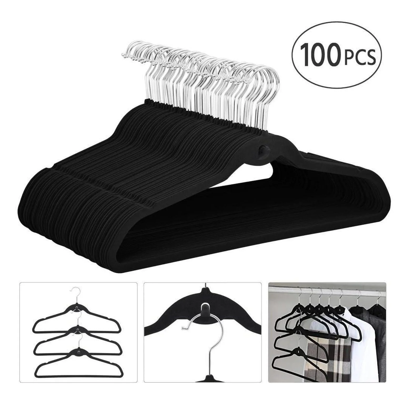 Premium Cascading Velvet Hangers 100 Pack - Non Slip Hangers with Cascading 360 Swivel Black-Space Saving Clothes Hangers