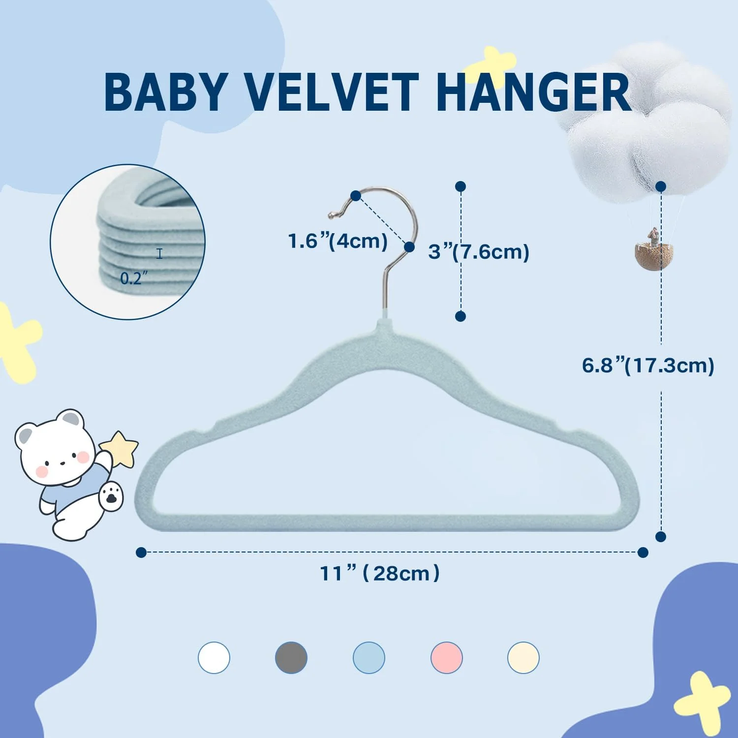 Baby Velvet Hangers, 11 Inches Kids Clothes Hangers, Non-Slip Childrens Hangers for Infant and Toddler 16 Pack Blue