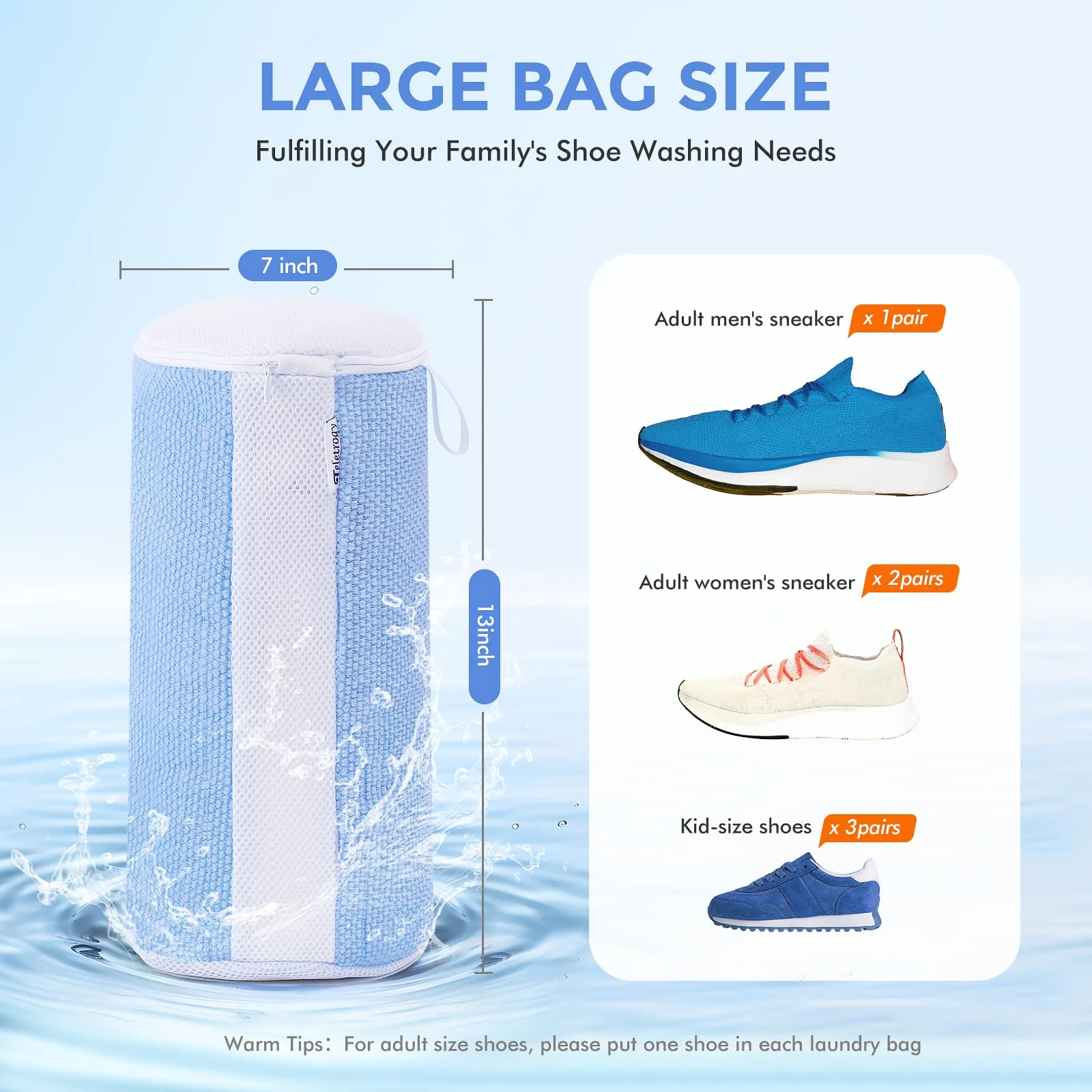 Reusable Shoe Washing Bag 2Packs for Washer Dryer, Deep Clean Mesh Laundry Bags with Soft Fibers Fits Sneakers Tennis Shoes Footwear, Invisible Zipper, Blue